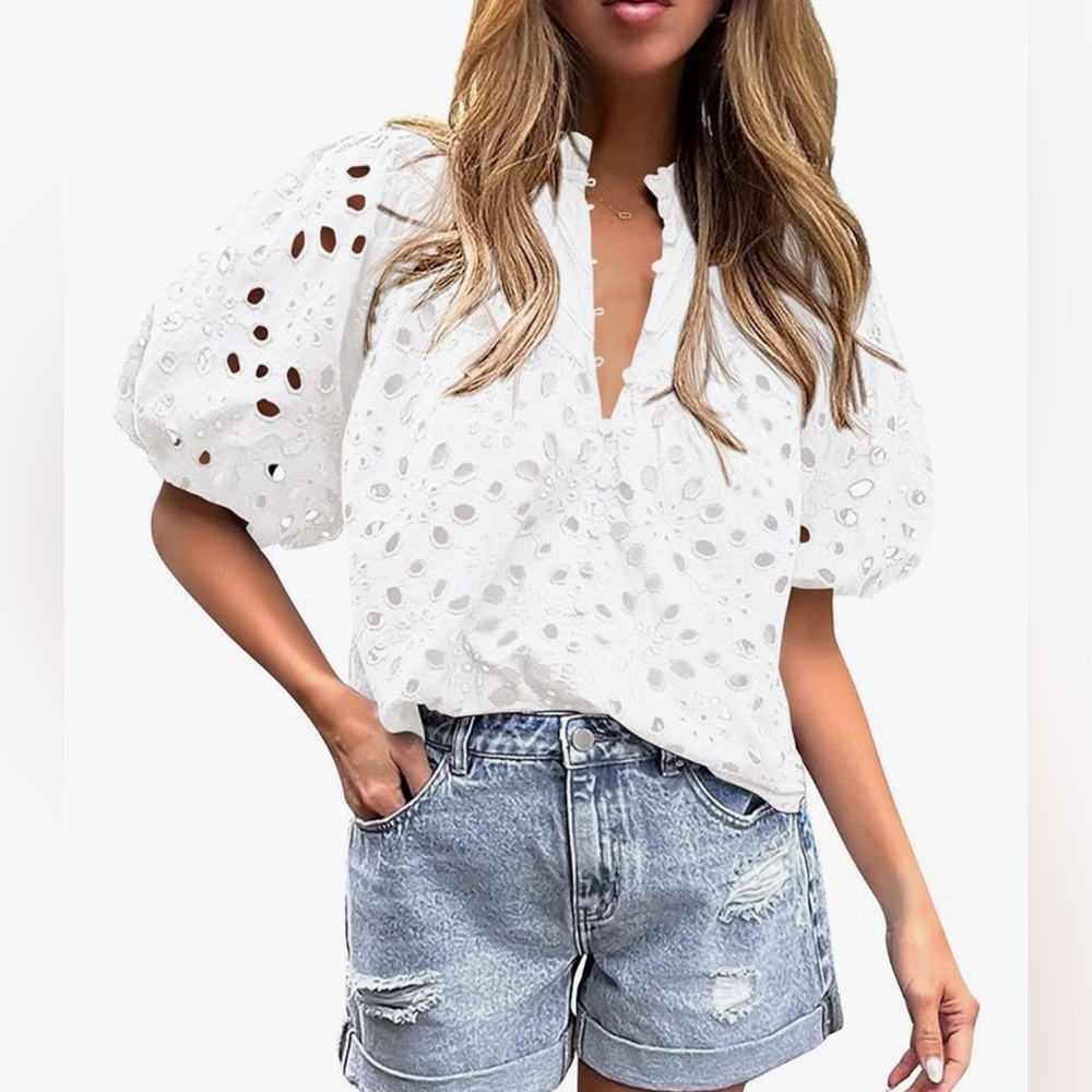 PRETTYGARDEN Womens Summer Top Dressy Embroidered Eyelet Blouses Shirts (XL)